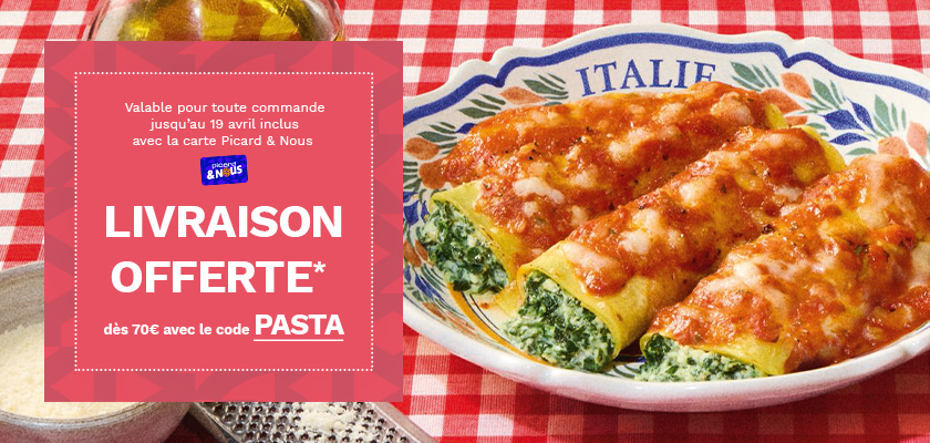 Plat de cannelloni ricotta &eacute;pinards napp&eacute;s de sauce tomate, avec offre Picard : livraison offerte d&egrave;s 70 &euro; avec le code PASTA