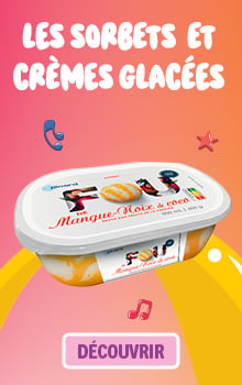 Les sorbets et cr&egrave;mes glac&eacute;es, bac de dessert glac&eacute; saveur mangue avec le bouton &laquo; D&eacute;couvrir &raquo;