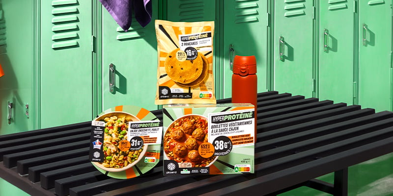 visuel de produits de  la gamme hyperprot&eacute;in&eacute;e avec un pancake prot&eacute;in&eacute;, et deux plats prot&eacute;in&eacute;es