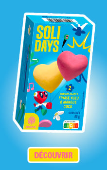 Packaging de glace Picard &eacute;dition Solidays avec deux mochis glac&eacute;s en forme de c&oelig;ur jaune et rose, sur un visuel bleu avec le logo Solidays