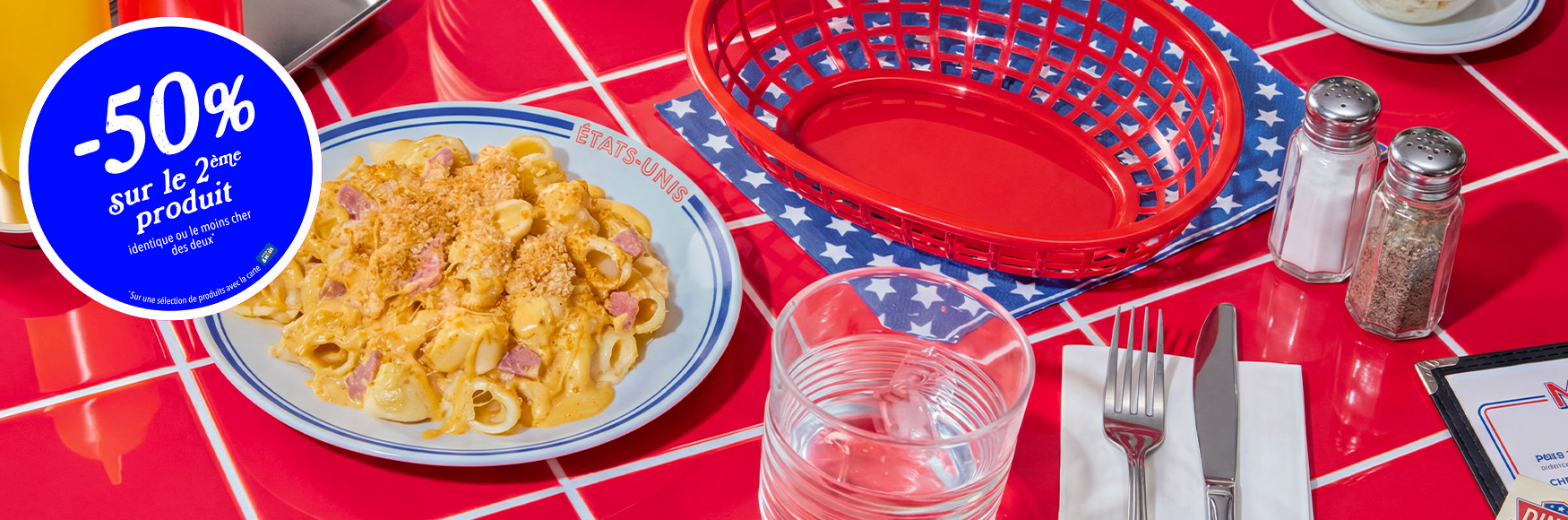 visuel d'un plat mac and cheese au jambon avec un sticker -50% sur le 2&egrave;me produit